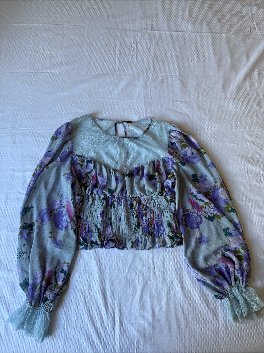 Free People Sheer Lace-Yoke Smocked Floral Blouse in Light Blue - Picture 4 of 11